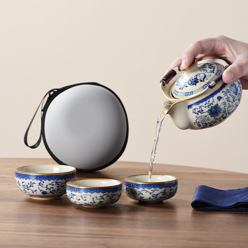 Blue and white beige Ru kiln travel tea set one pot three cups outdoor portable entwined lotus ceramic retro teapot - V.I.P Digital Presence