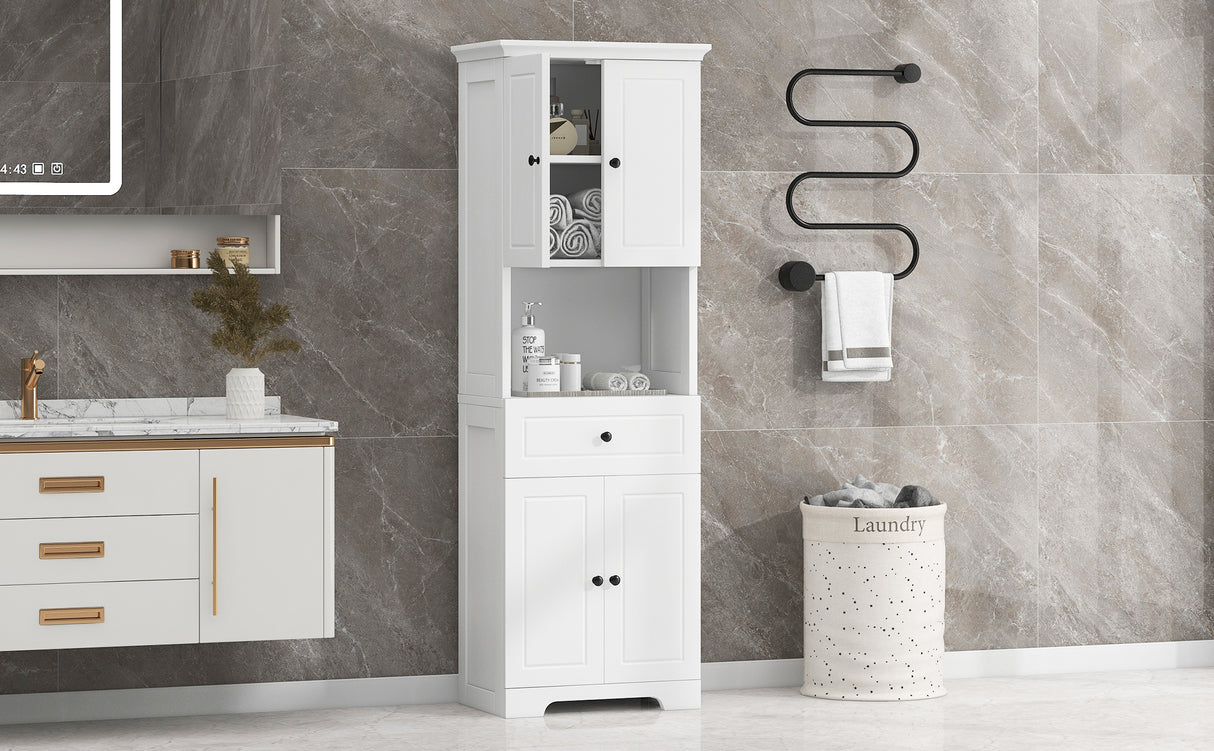 Tall Bathroom Cabinet with Four Doors, Large Storage Space Open Shelve, Upper Storage Cabinet, Whit - V.I.P Digital Presence