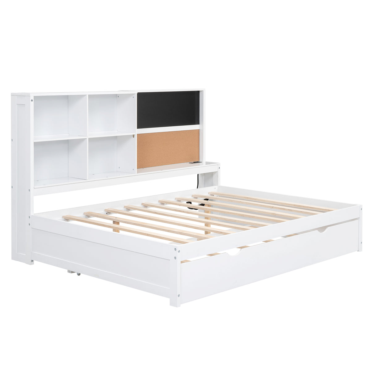 Full Size Daybed with Storage Shelves, Blackboard, Cork board, USB Ports and Twin Size Trundle White