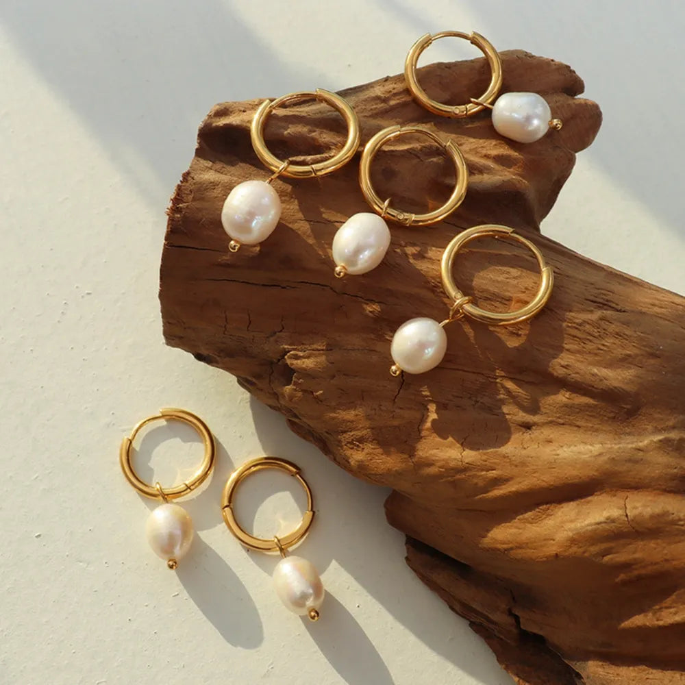 Retro earrings freshwater pearl ring earrings titanium steel 18K plated with real gold jewelry - V.I.P Digital Presence