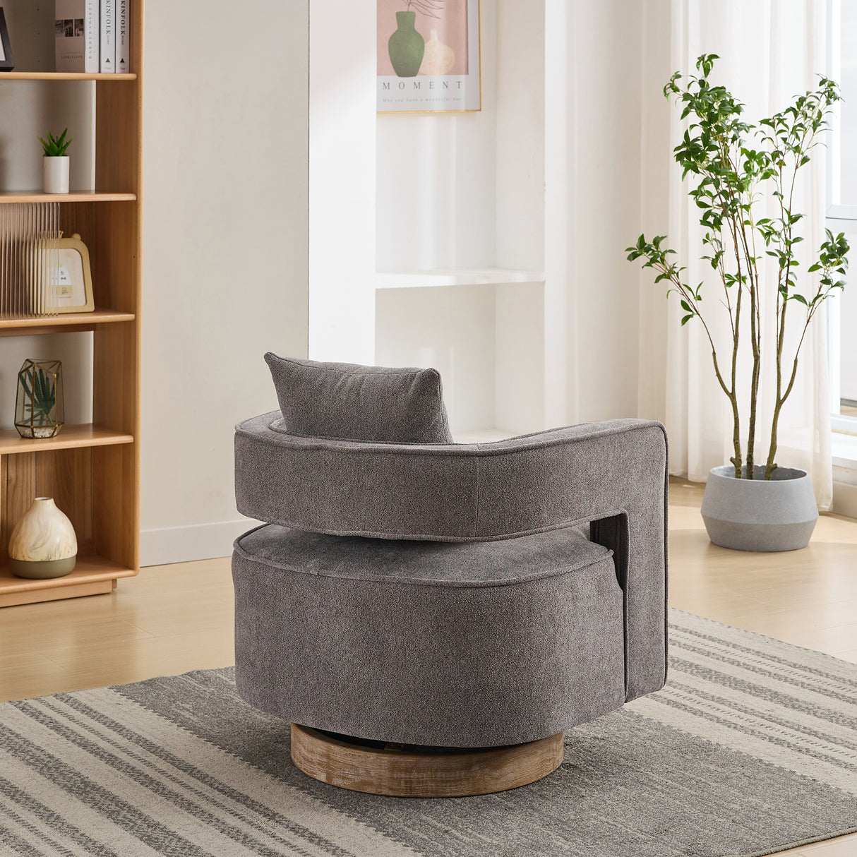 29.1"W Swivel Accent Open Back Chair Modern Comfy Sofa Chair With Weathered Base (Charcoal,Linen Blend) - V.I.P Digital Presence