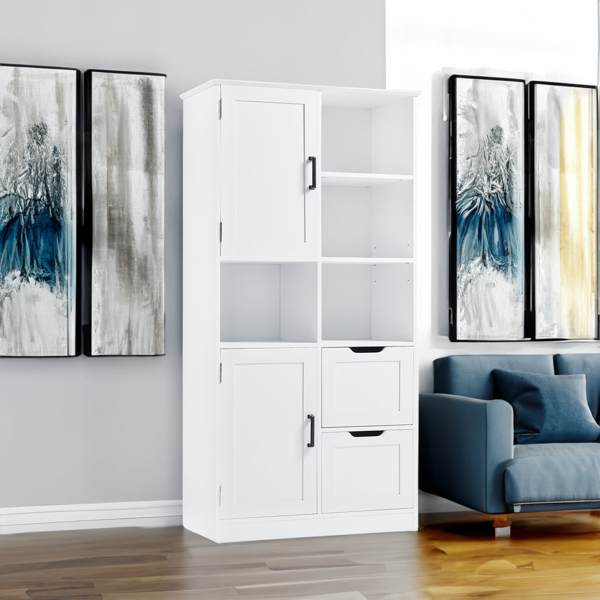 Bathroom storage cabinet with doors and drawers, multiple storage spaces, independent, open adjustable shelves, white - V.I.P Digital Presence