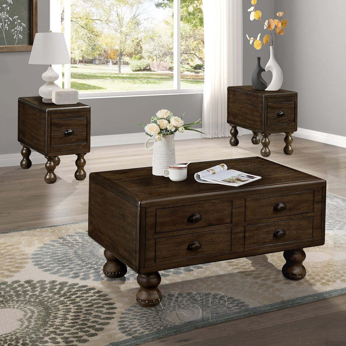 Solid wood end table, rectangular 23.6 inch narrow edge table with drawers, vintage bedside table, Espresso - V.I.P Digital Presence