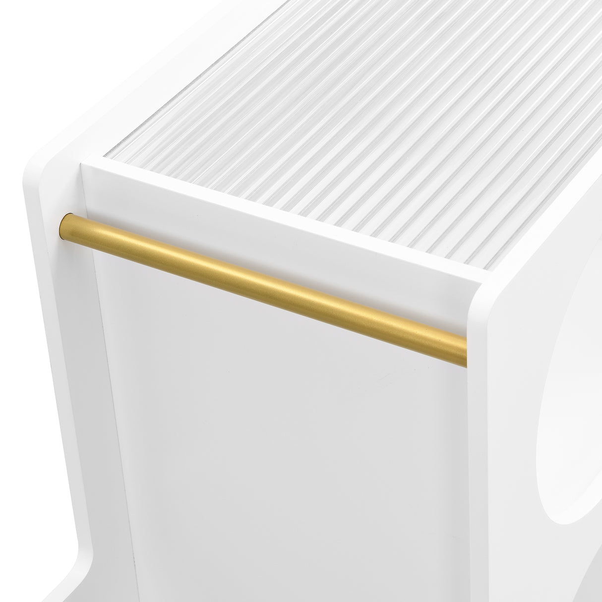 Stylish mobile desk with lockable wheels, white bedside table with 5mm thick grooved tempered glass and gold round bars - V.I.P Digital Presence