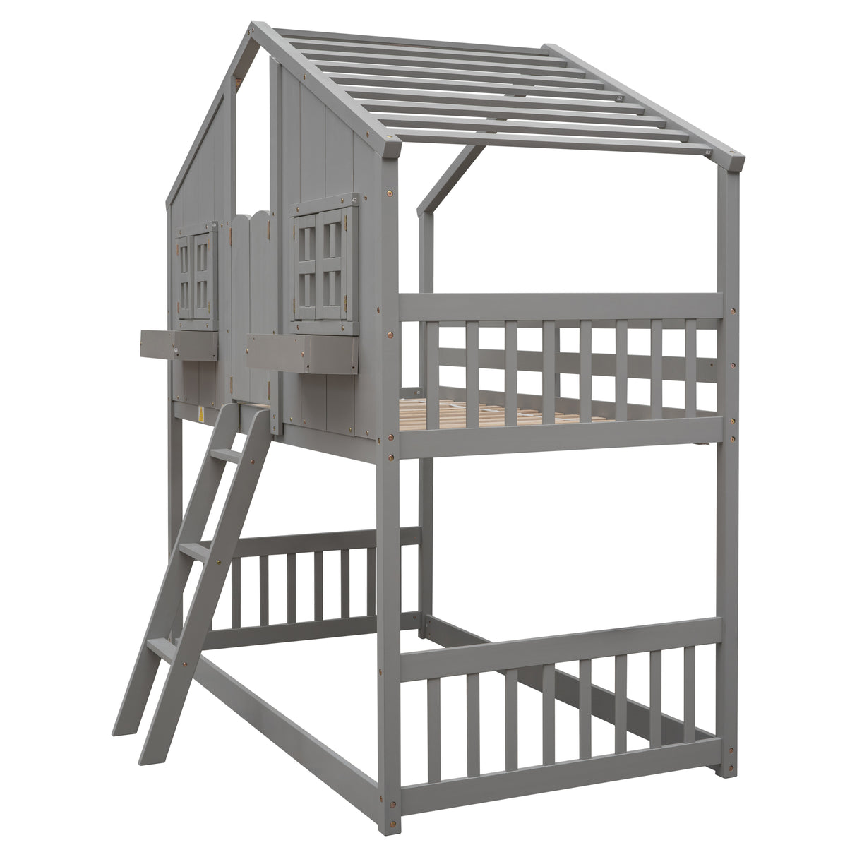Twin over Twin House Bunk Bed with Roof , Window, Window Box, Door , with Safety Guardrails and Ladder, Grey - V.I.P Digital Presence