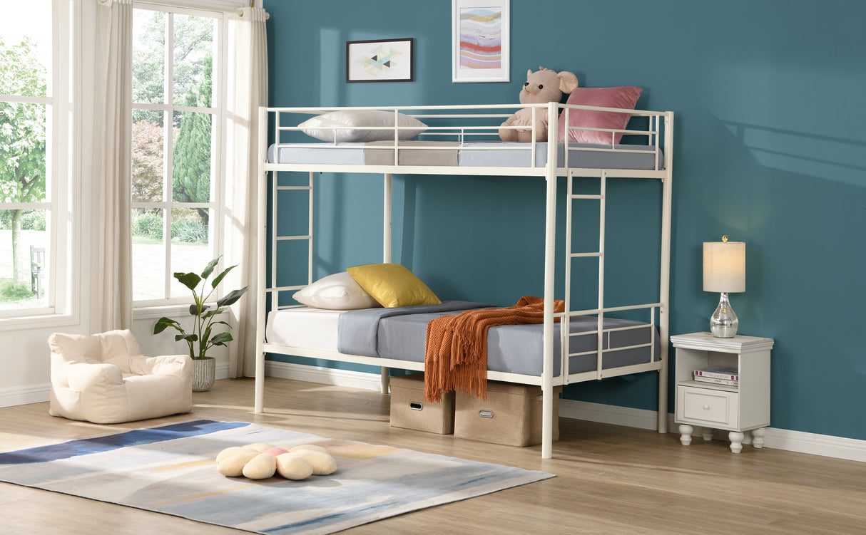 Twin metal bunk beds, metal structure bed frame with safety guardrails and 2 ladders, convertible bunk beds, white - V.I.P Digital Presence