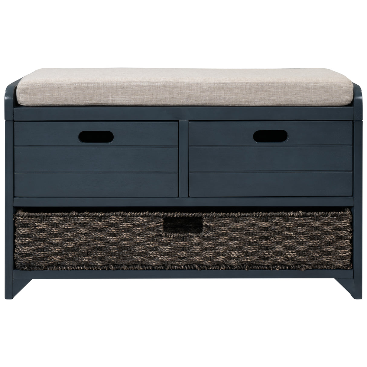TREXM Storage Bench with Removable Basket and 2 Drawers, Fully Assembled Shoe Bench with Removable Cushion (Navy) - V.I.P Digital Presence
