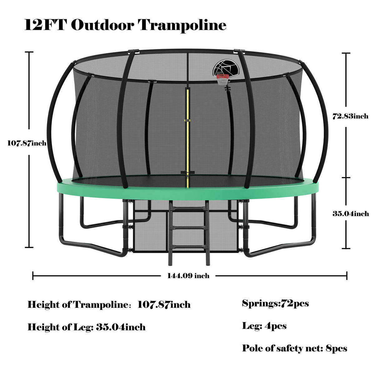 12FT Recreational Kids Trampoline with Safety Enclosure Net & Ladder, Outdoor Recreational Trampolines - V.I.P Digital Presence