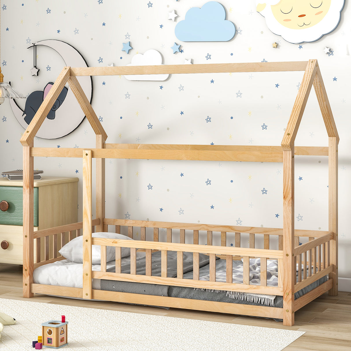 Twin Size Floor Wooden Bed with House Roof Frame, Fence Guardrails - V.I.P Digital Presence