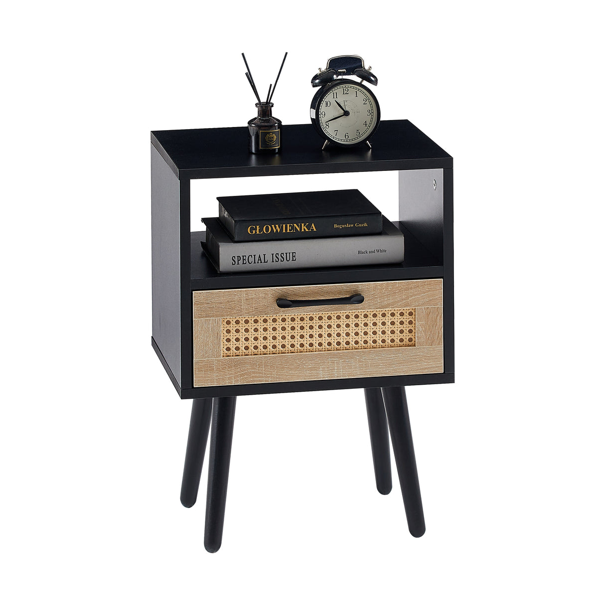 15.75" Rattan End table with drawer and solid wood legs Modern nightstand side table for living room black - V.I.P Digital Presence