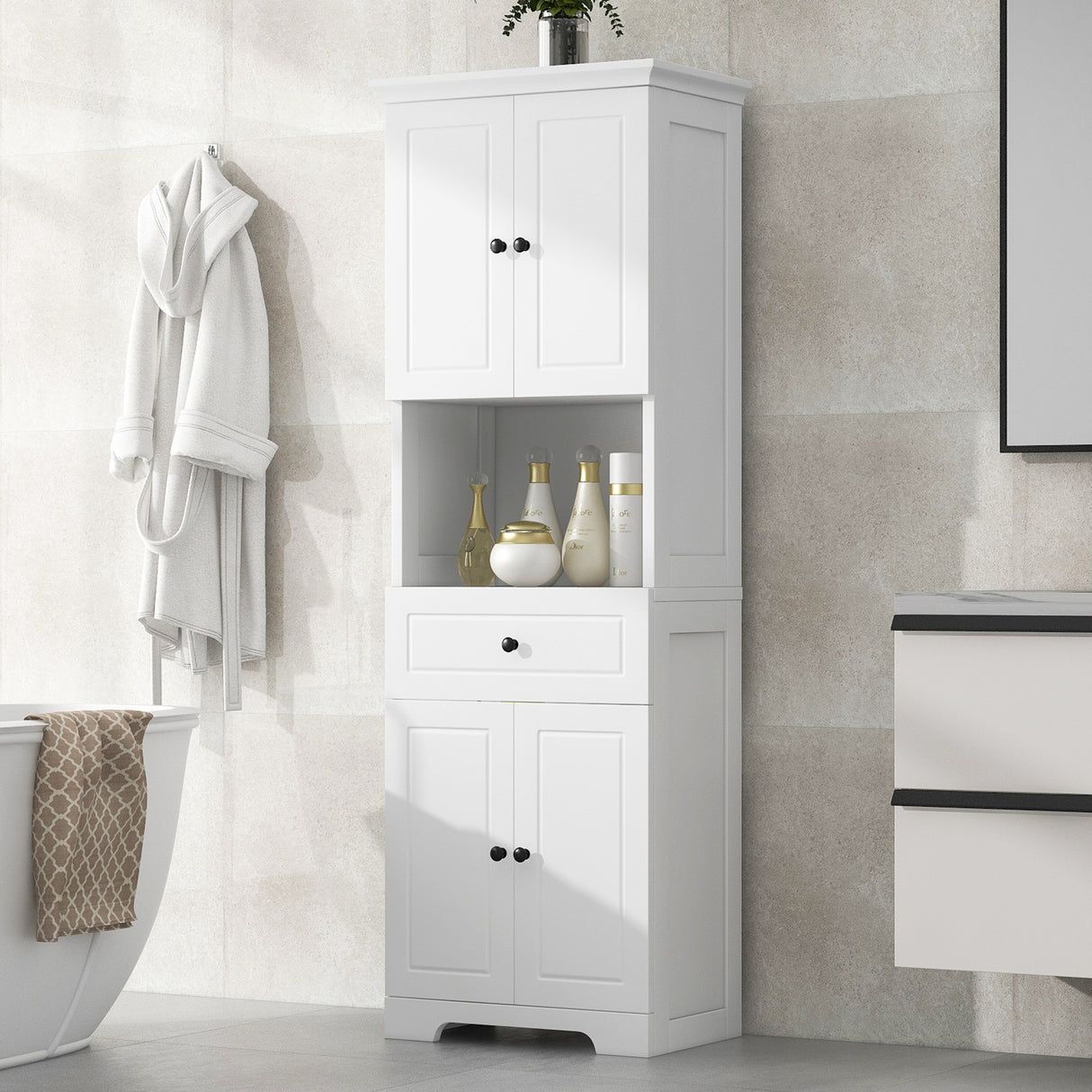 Tall Bathroom Cabinet with Four Doors, Large Storage Space Open Shelve, Upper Storage Cabinet, Whit - V.I.P Digital Presence