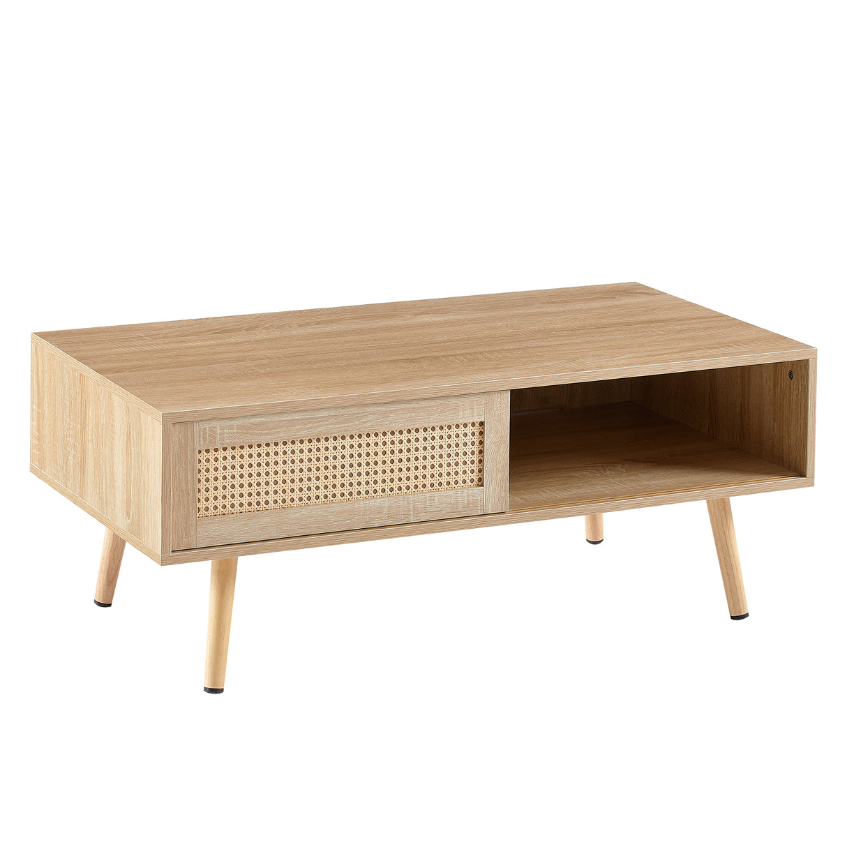 41.34" Rattan Coffee table sliding door for storage solid wood legs Modern table for living room natural - V.I.P Digital Presence