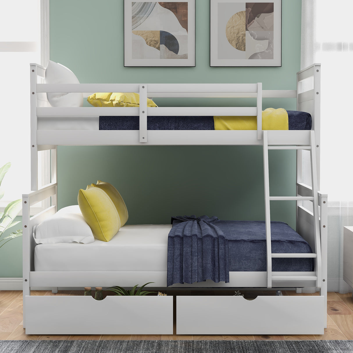Twin over Full Bunk Bed with Ladder, Two Storage Drawers, Safety Guardrail White