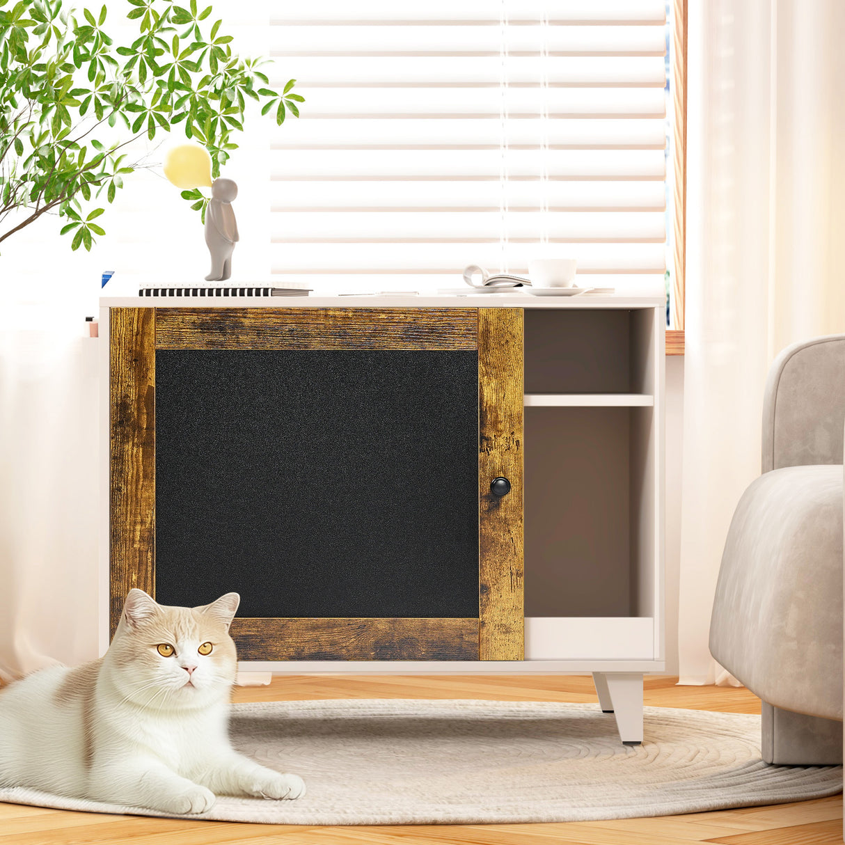 Litter Box Enclosure,Modern Hidden Cat Litter Box Enclosure Furniture with Scratching Pad for Living Room, White + vintage - V.I.P Digital Presence