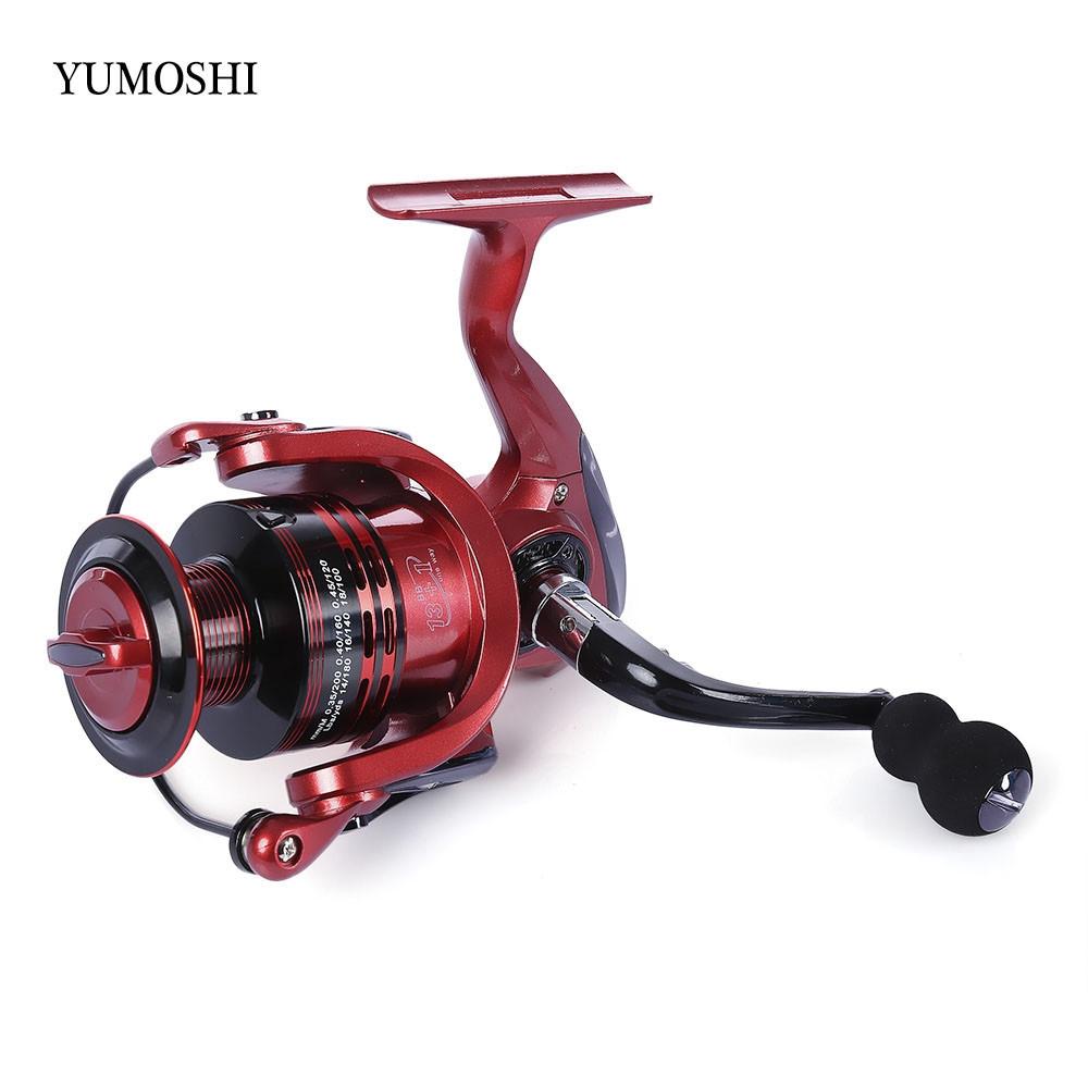 Carrete de pesca giratorio YUMOSHI 13+1BB de metal, relación de transmisión 4,7:1/5,5:1, carrete de aluminio con mango plegable