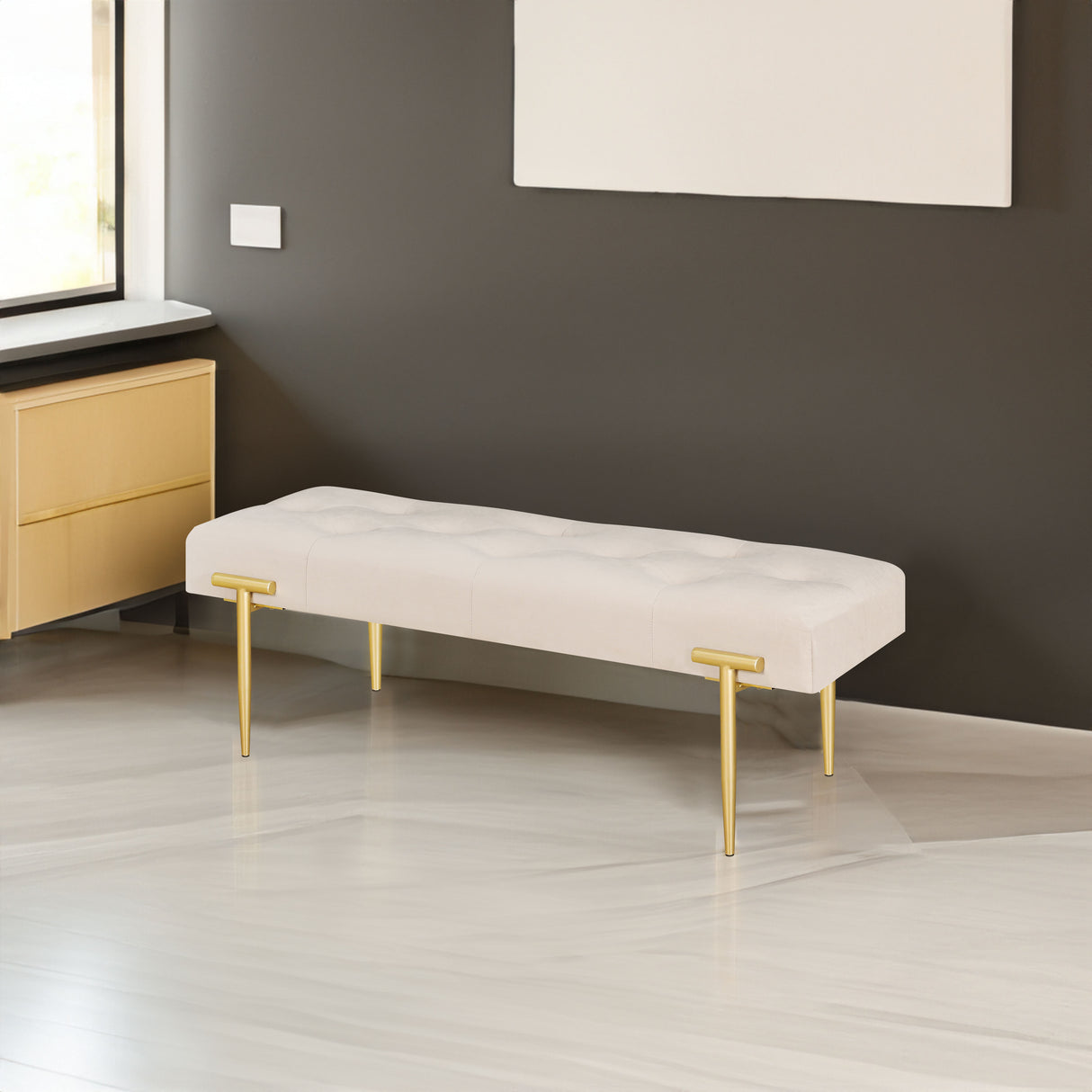 48'' Modern Ottoman Bench Velvet Bench Upholstered Footrest With Gold Metal Legs And Padded Seat For Bedroom Living Room - V.I.P Digital Presence