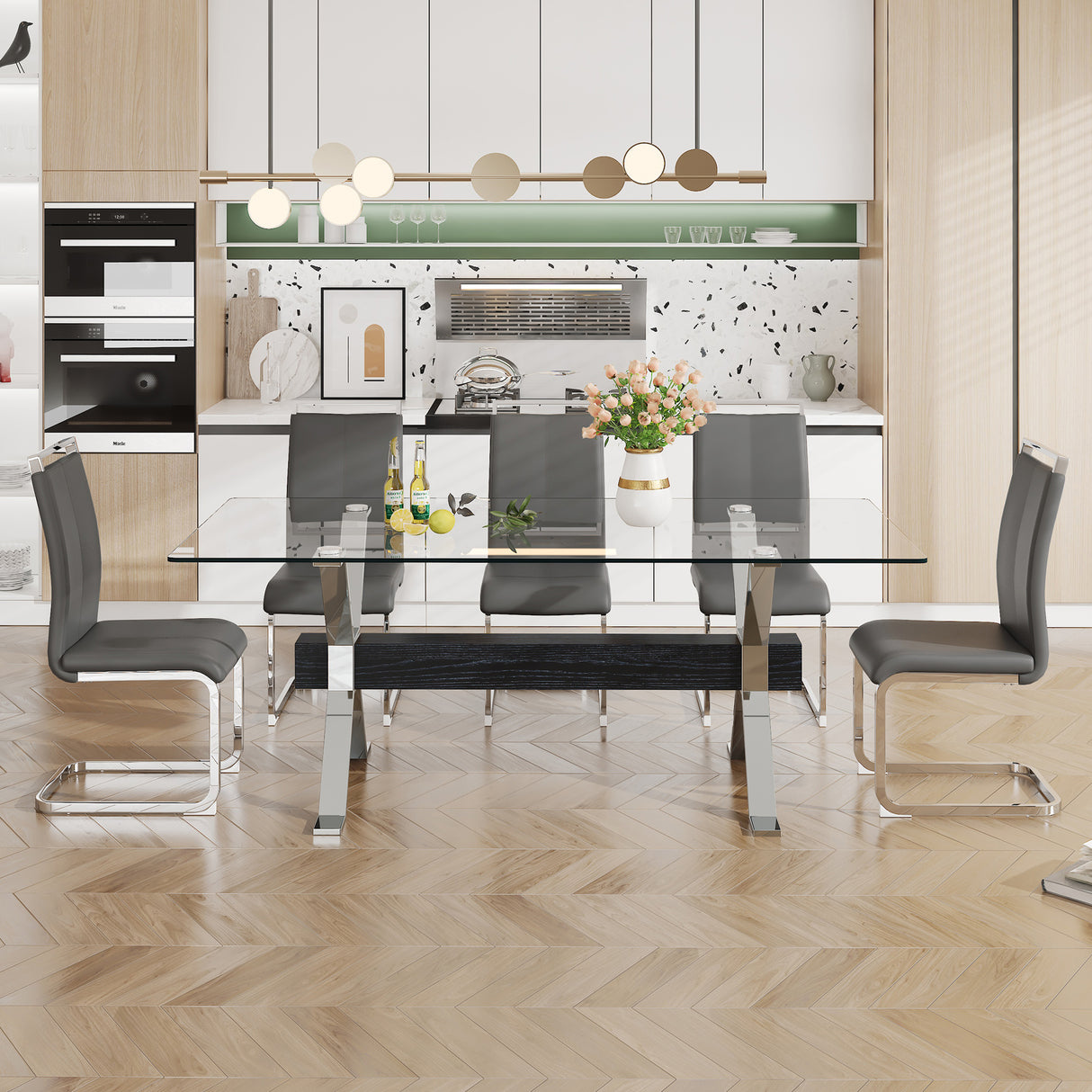 Dining table Modern tempered glass dining table Large modern office desk with silver plated metal legs and MDF crossbars - V.I.P Digital Presence