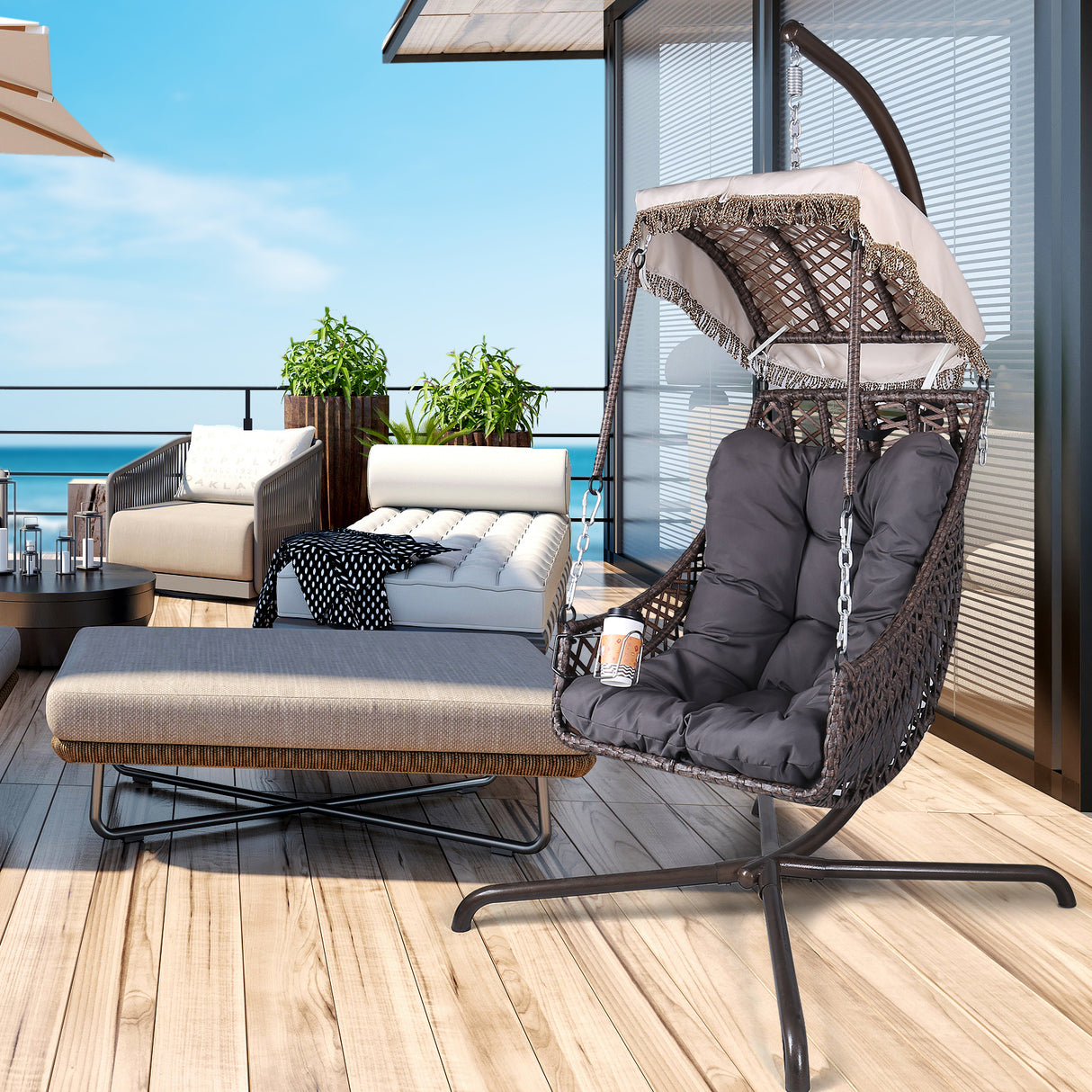 Swing Egg Chair with Stand Indoor Outdoor Wicker Rattan Frame 350lbs Capacity Hammock Chair - V.I.P Digital Presence