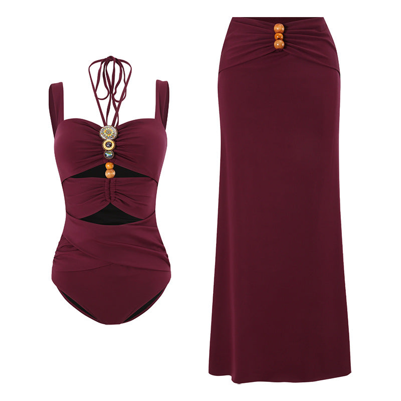 Strap decoration hollow neck hanging strap one-piece swimsuit women's long skirt set - V.I.P Digital Presence