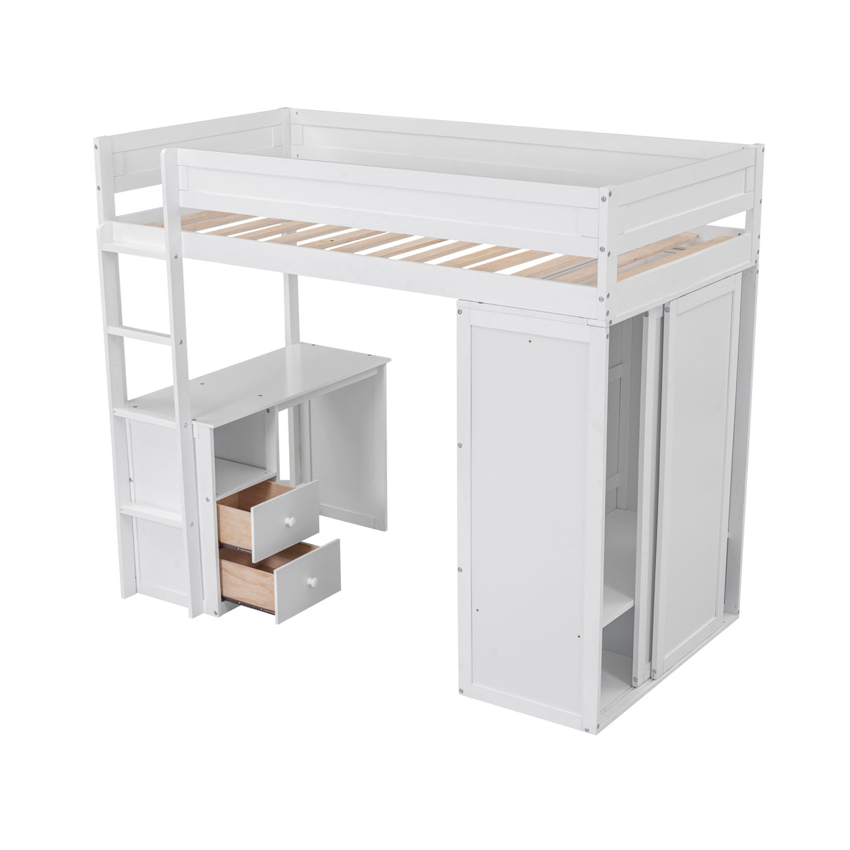 Wood Twin Size Loft Bed with Wardrobes and 2-Drawer Desk with Cabinet White