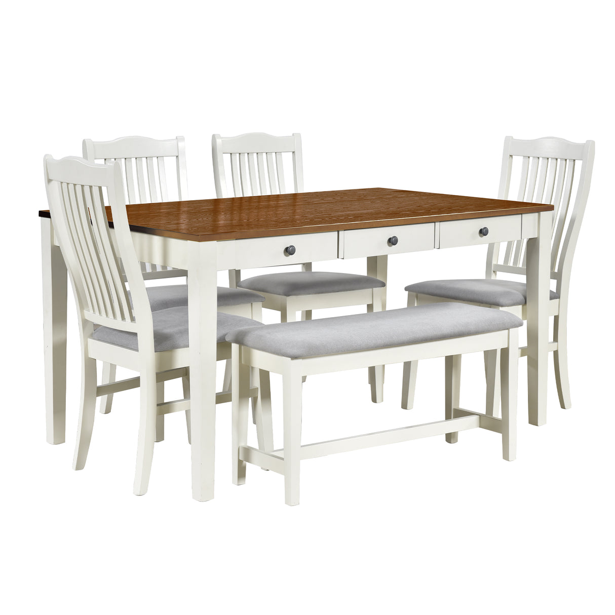 TOPMAX Mid-Century 6-Piece Wood Dining Table Set, Kitchen Table Set with Drawer Upholstered Chairs and Bench Butter Milk