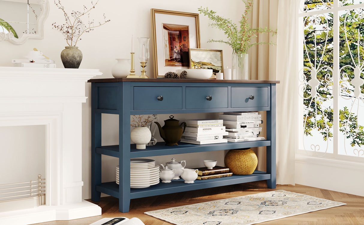 Retro Design Console Table with Two Open Shelves, Pine Solid Wood Frame and Legs for Living Room (Antique Navy+Espresso) - V.I.P Digital Presence