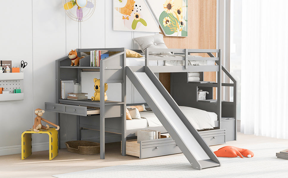 Twin over Twin Bunk Bed with Storage Staircase, Slide and Drawers, Desk with Drawers and Shelves Gray