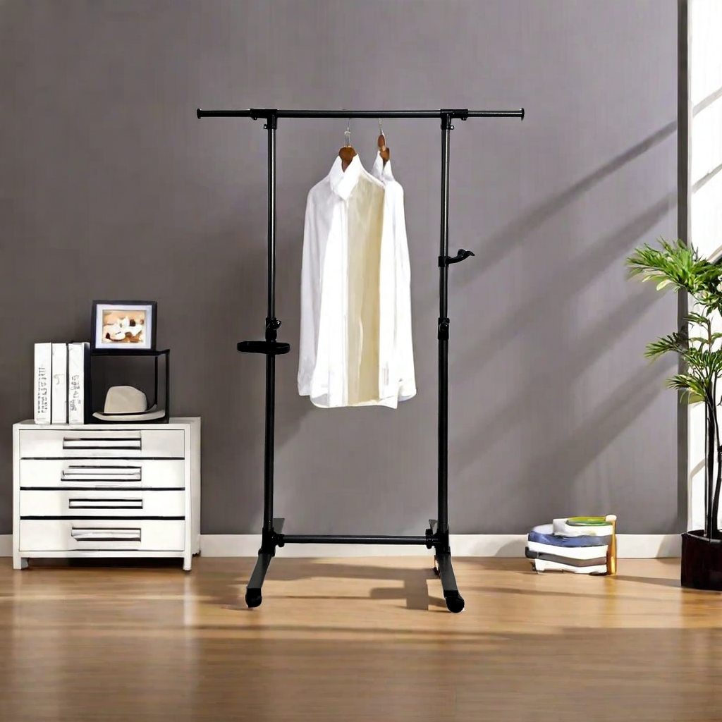 Short clothes hanger with chassis and wheels, heavy-duty rolling clothes hanger, black - V.I.P Digital Presence