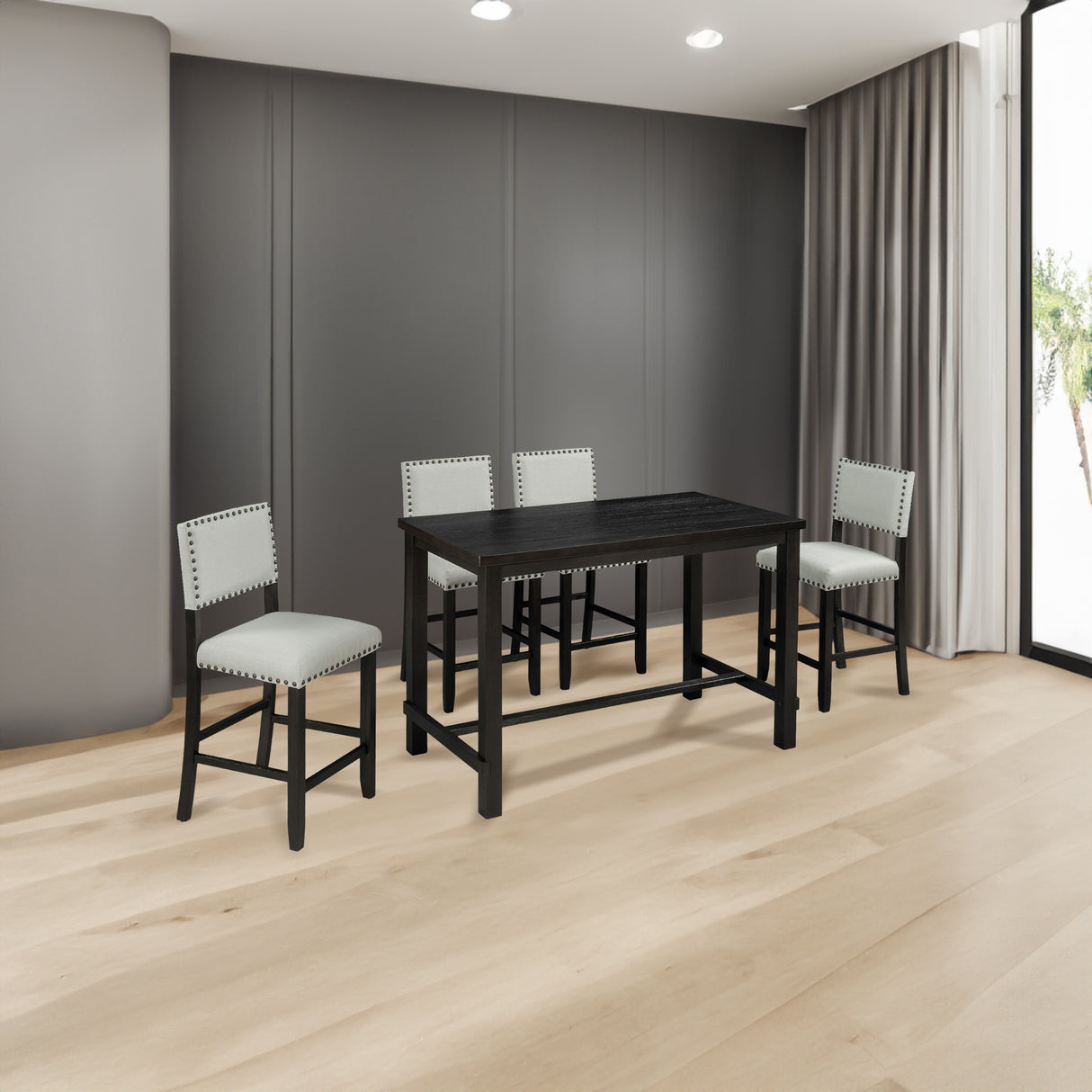 TREXM 5-Piece Counter Height Dining Set, Classic Elegant Table and 4 Chairs in Espresso and Beige - V.I.P Digital Presence