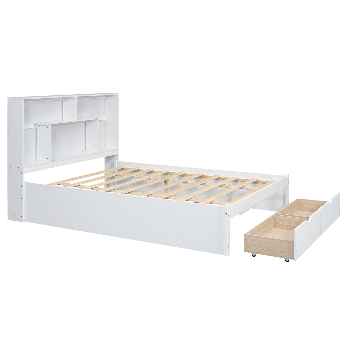Queen Size Platform Bed with Storage Headboard and 2 Drawers, White - V.I.P Digital Presence