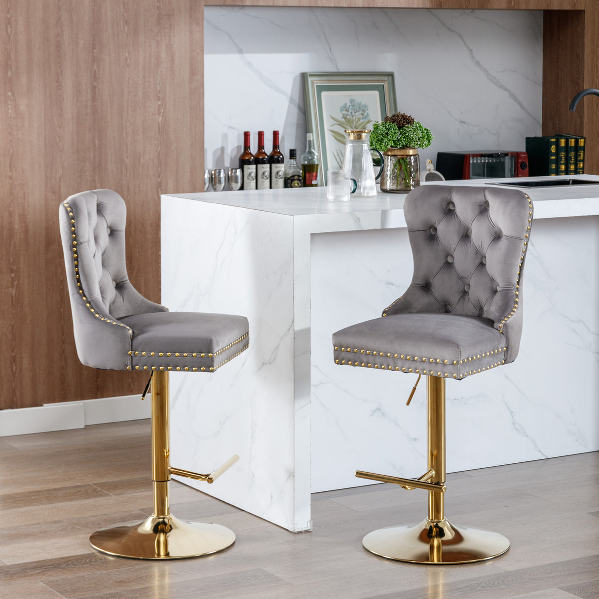 Thick gold rotating velvet bar stool with adjustable seat height of 25-33 inches and backrest (gray, set of 2 pieces)