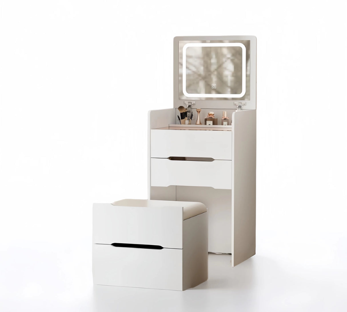 3 in 1 Vanity Desk with Plip Top Mirror,Small Make Up Vanity Set with Visible Glass Desktop,Compact Makeup Vanity with 3 Drawers - V.I.P Digital Presence