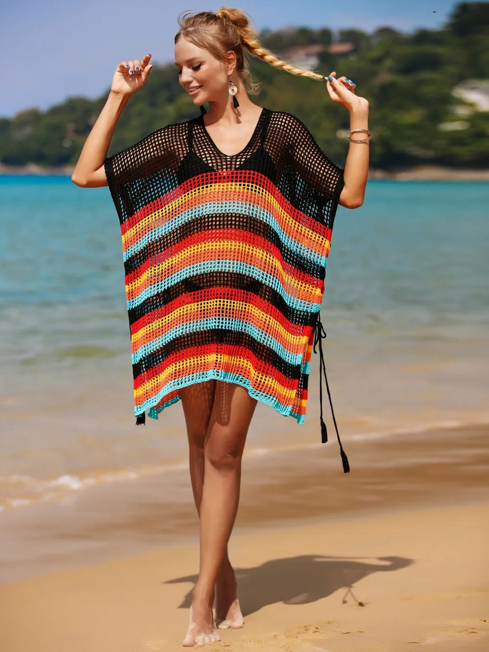 Cutout Striped Cover-Up with Tassel - V.I.P Digital Presence