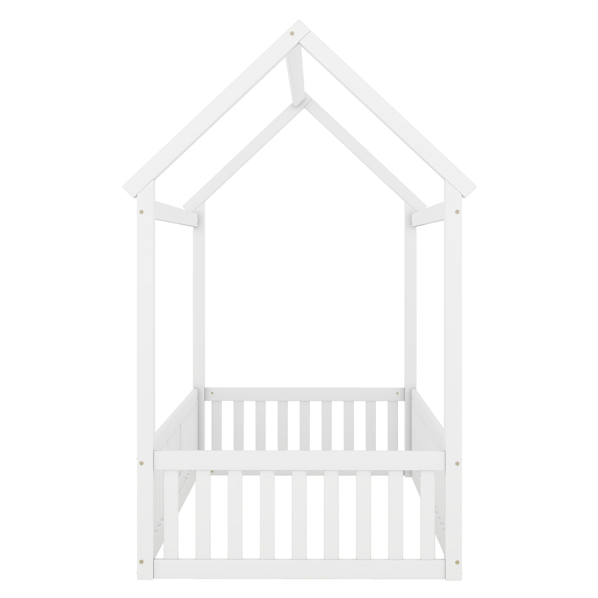 Twin Size Wood House Bed with Fence and Door, White - V.I.P Digital Presence