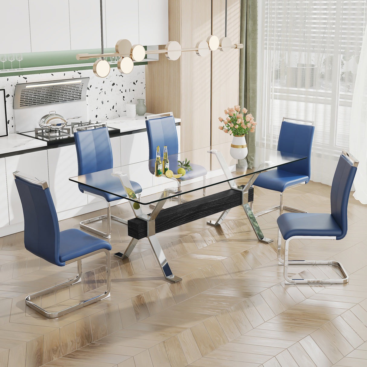 Dining table Modern tempered glass dining table Large modern office desk with silver plated metal legs and MDF crossbars - V.I.P Digital Presence