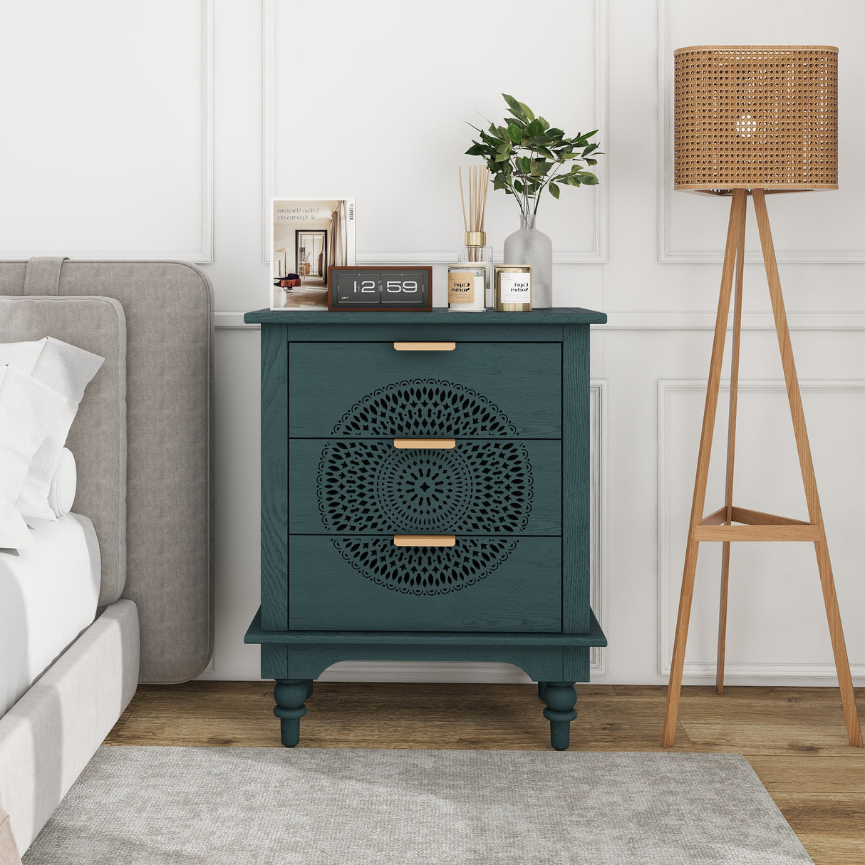 Hollow-Carved 3 Drawer Dresser Storage Chest with Metal Handles For Living Room Bedroom - V.I.P Digital Presence
