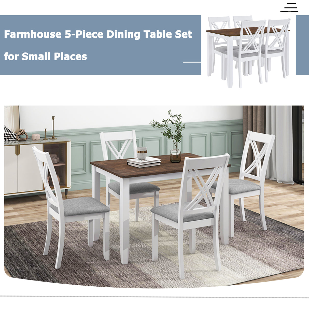 TOPMAX Rustic Minimalist Wood 5-Piece Dining Table Set with 4 X-Back Chairs for Small Places White