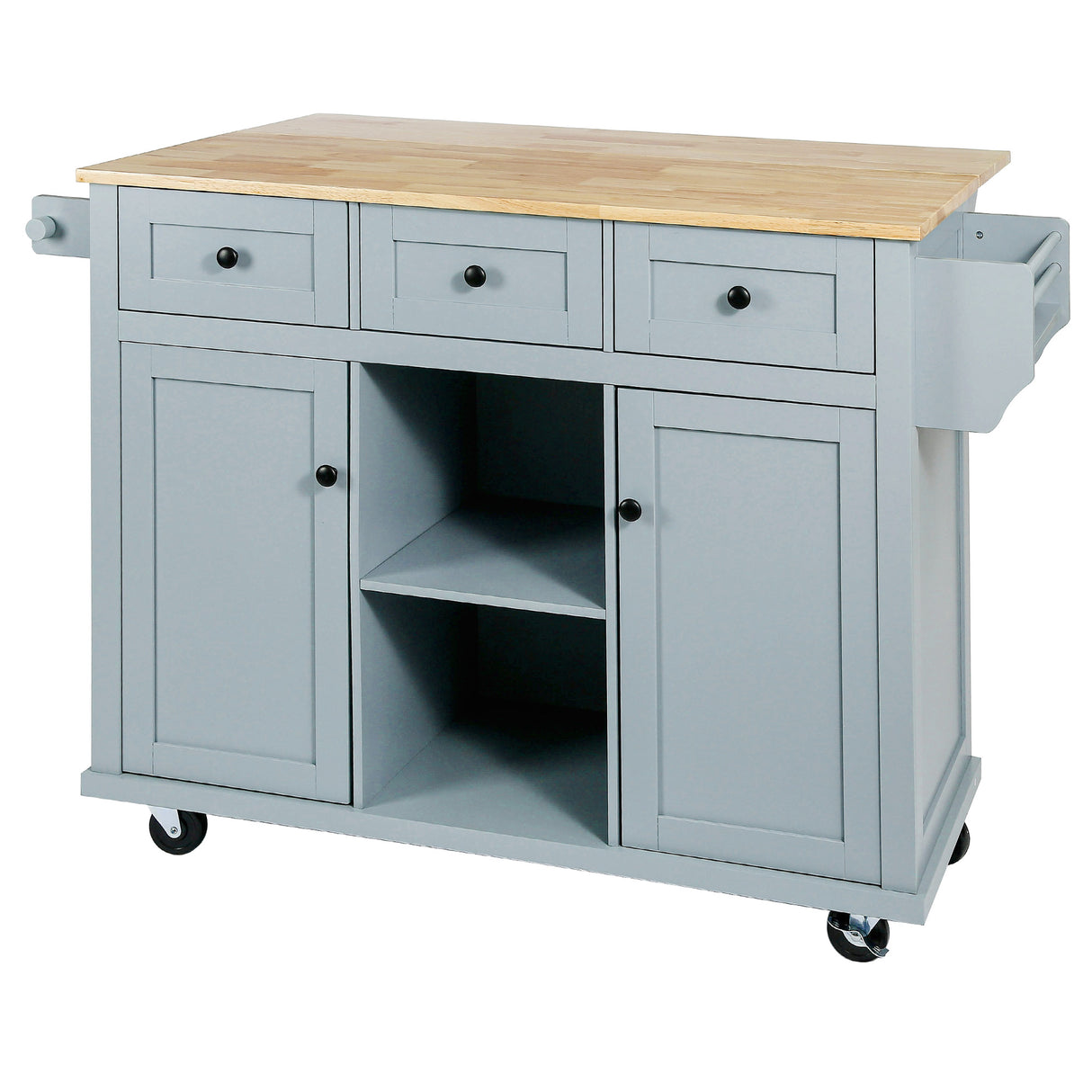 Kitchen handcart with rubber wood leaf countertop, storage cabinet, shelf, and 3 dining room drawers, gray blue - V.I.P Digital Presence