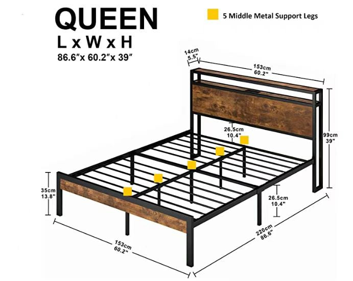 Queen Size Metal Platform Bed Frame with Wooden Headboard and Footboard with USB LINER - V.I.P Digital Presence