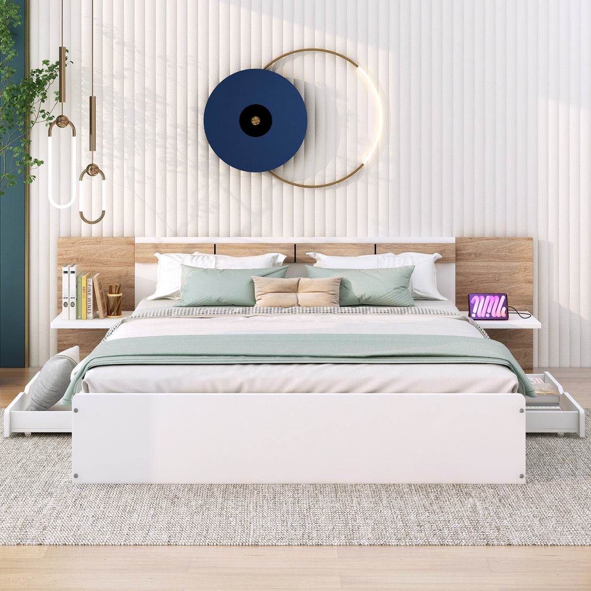 Queen Size Platform Bed with Headboard, Drawers, Shelves, USB Ports and Sockets White