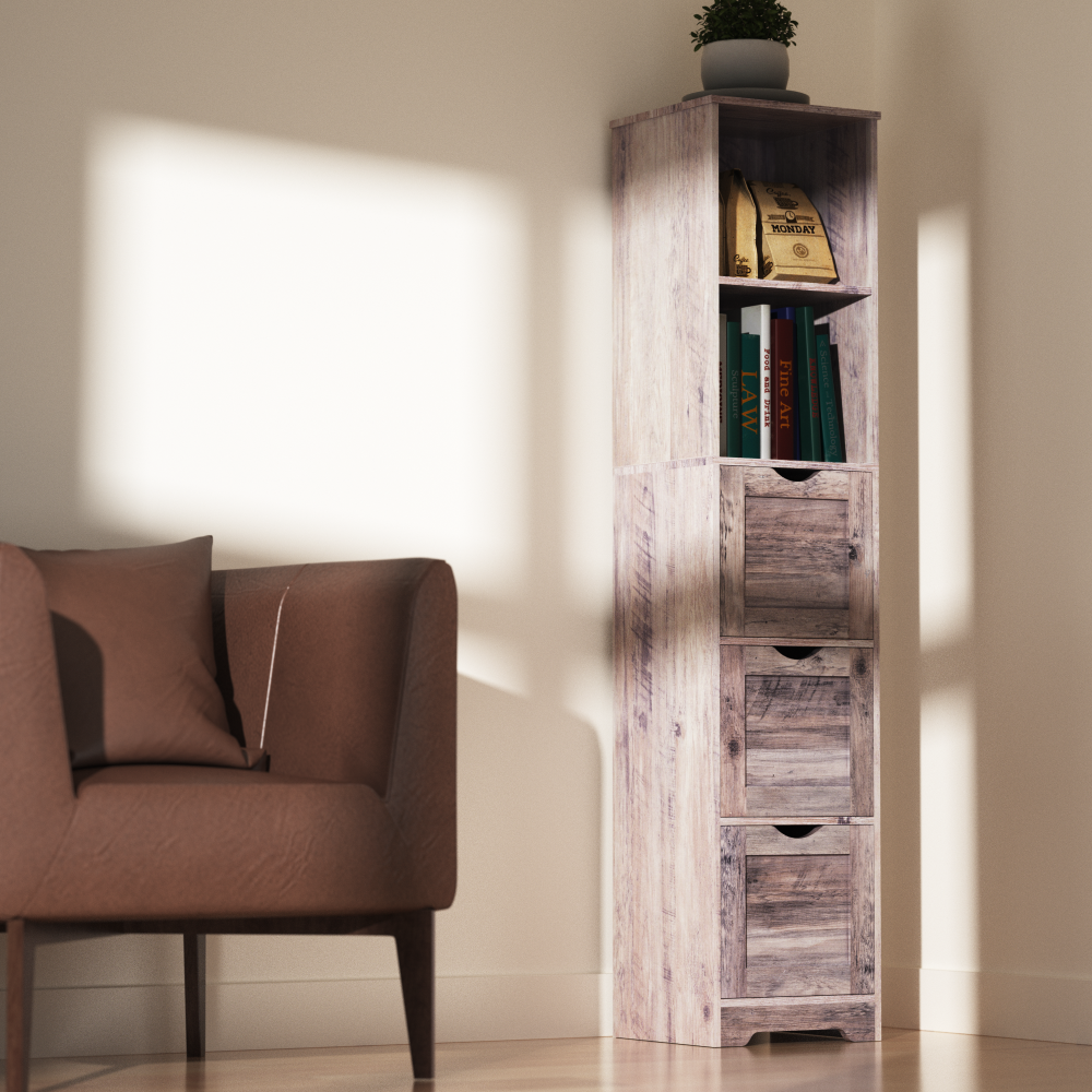Bathroom Floor Cabinet with 3 Drawers 2 Shelves, Tall Narrow Bathroom Kitchen Pantry Storage Cabinet with Open Compartment Grey - V.I.P Digital Presence