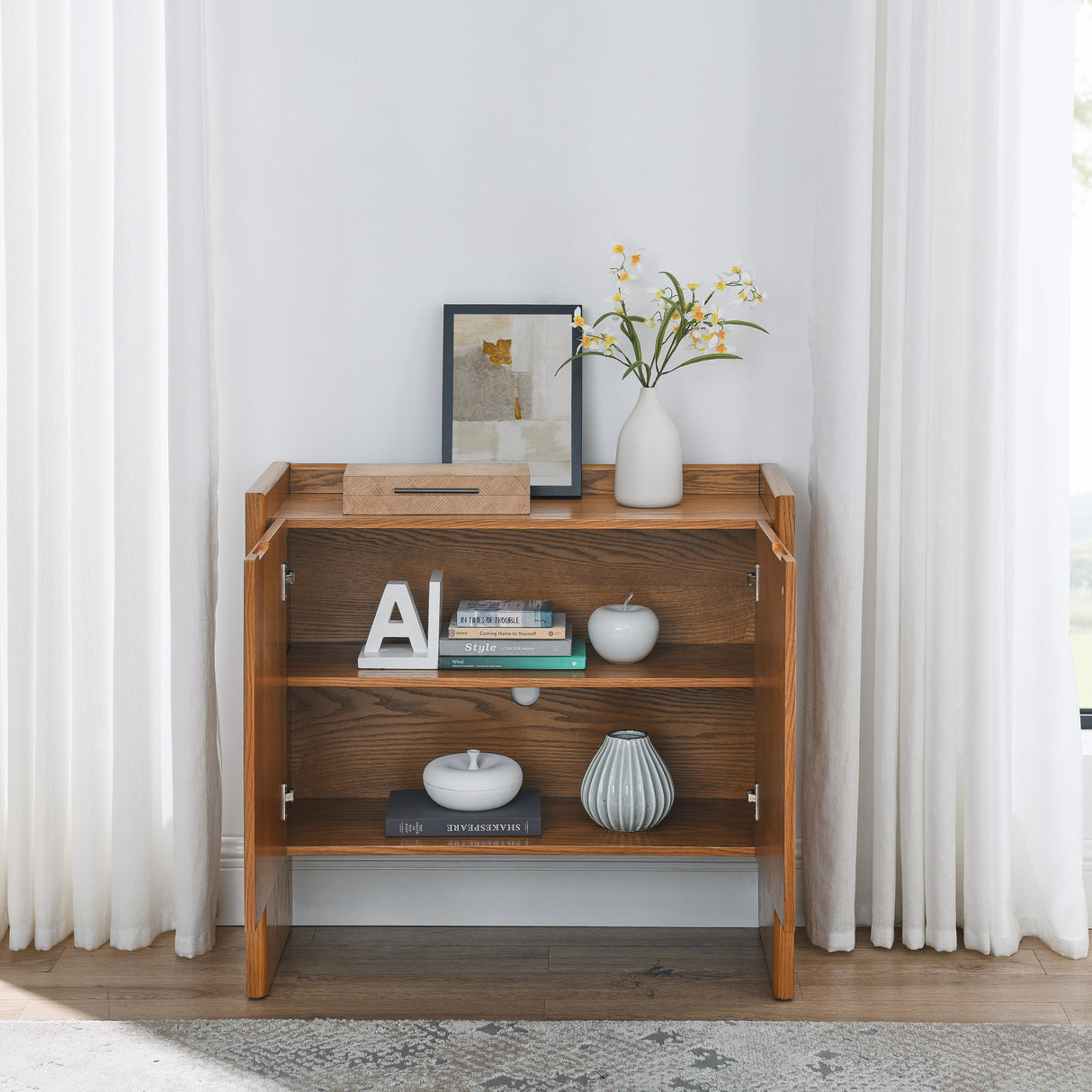Walnut colored side panels, buffet cabinet with storage, 33.9 inches x 15 inches x 31.5 inches - V.I.P Digital Presence