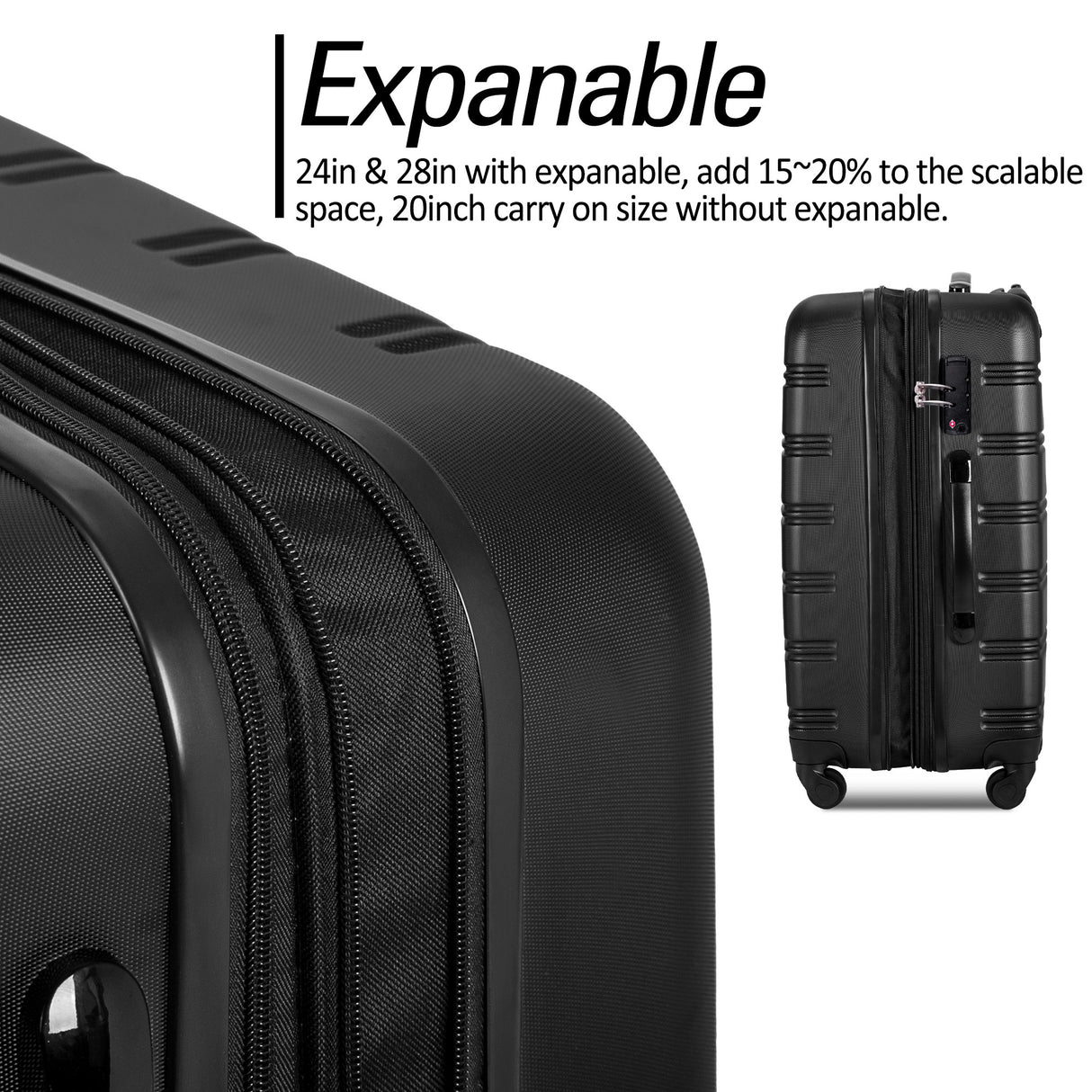 Black 3 Piece Luggage Set Hardside Spinner Suitcase with TSA Lock 20" 24' 28" Available