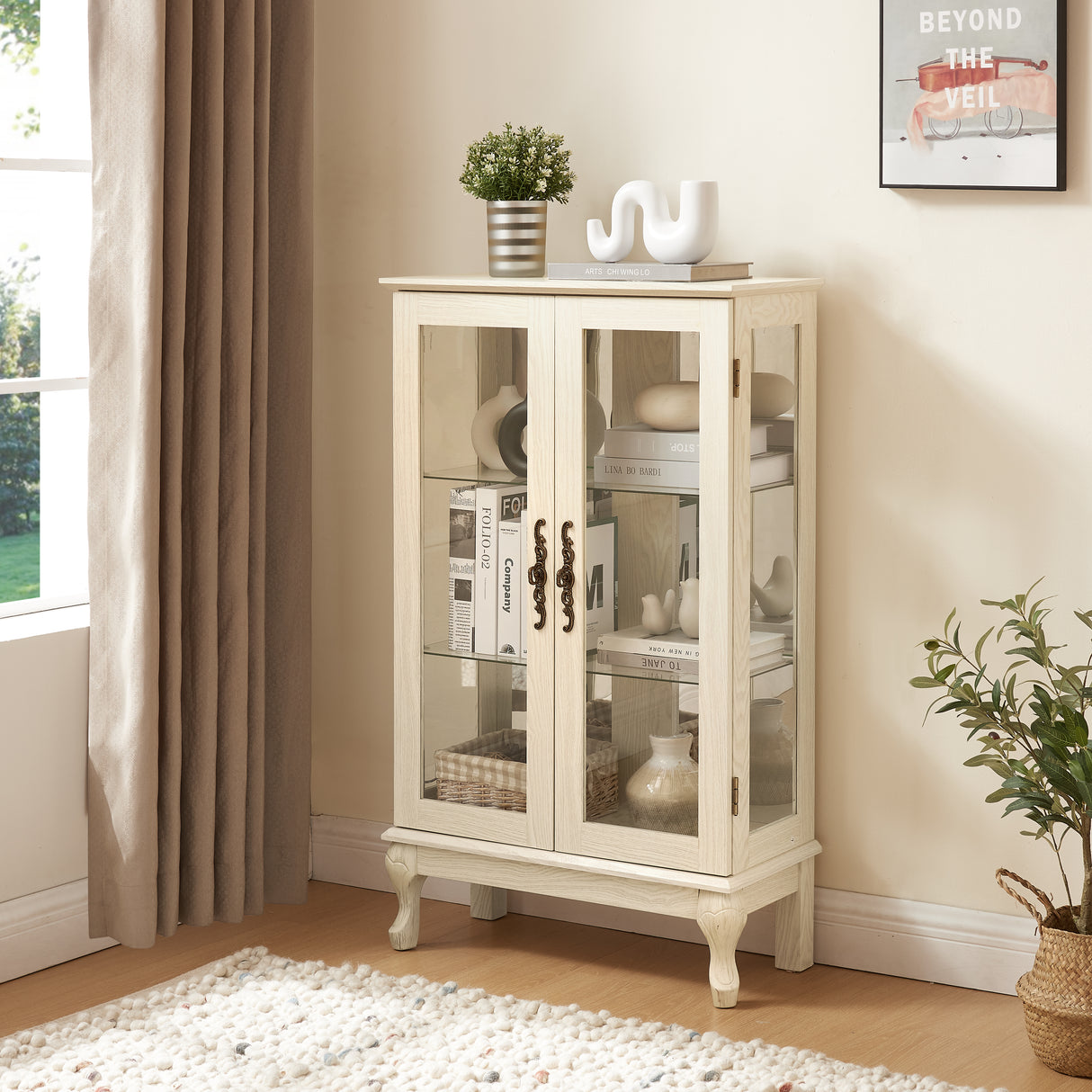 Dual door Curio cabinet with tempered glass door mirror back panel and adjustable shelf display cabinet with light bulbs, white - V.I.P Digital Presence