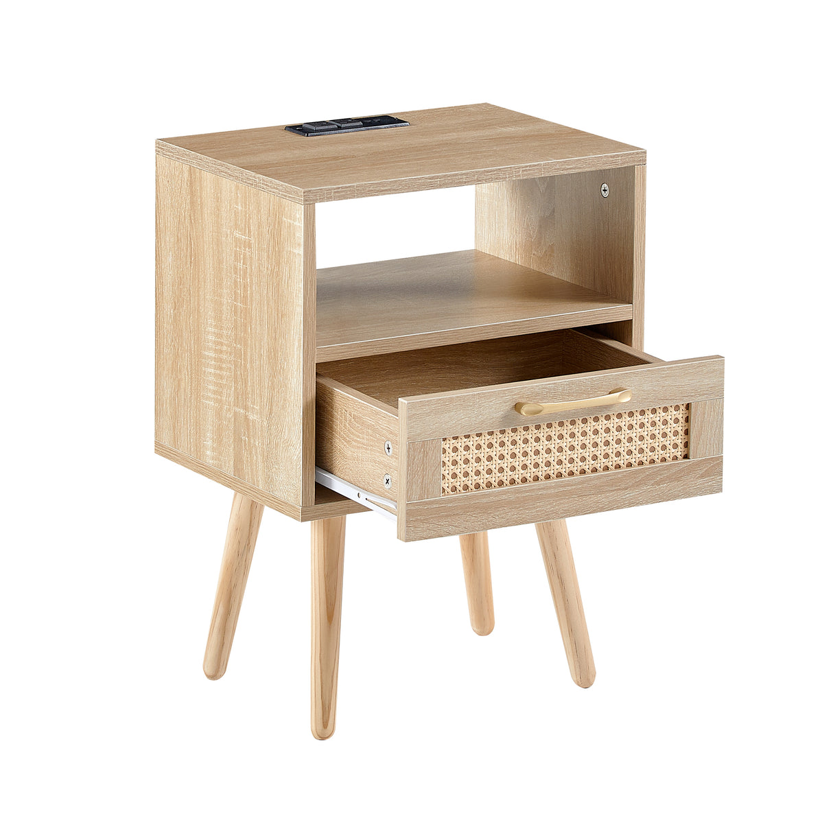 15.75" Rattan End table with Power Outlet & USB Ports Modern nightstand with drawer and solid wood legs - V.I.P Digital Presence