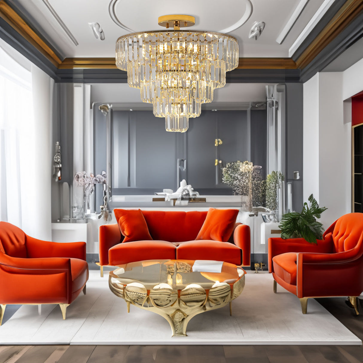 Gold Crystal Chandeliers,5-Tier Round Semi Flush Mount Chandelier Light Fixture,Large Contemporary Luxury Ceiling Lighting - V.I.P Digital Presence