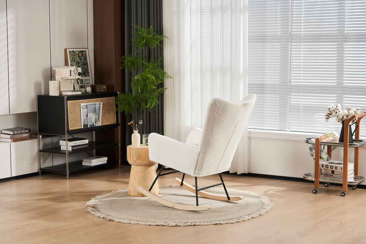 Rocking Chair Nursery solid wood leg reading chair Teddy fabric cushion with Nap armchair white Teddy fabric