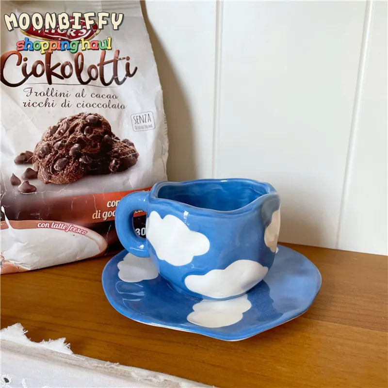 Hand Painted Blue Sky White Clouds Coffee Mug with Saucer Ceramic Handmade Tea Cup Saucer Set Lovely Gift Irregular Coffee Mug - V.I.P Digital Presence