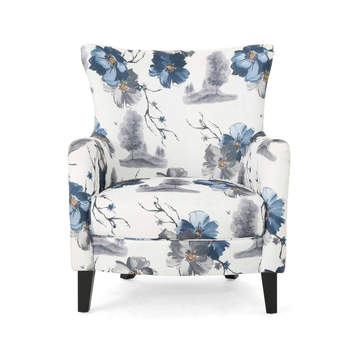 Modern retro printed fabric cushioned club chair, white and blue patterned armchair - V.I.P Digital Presence