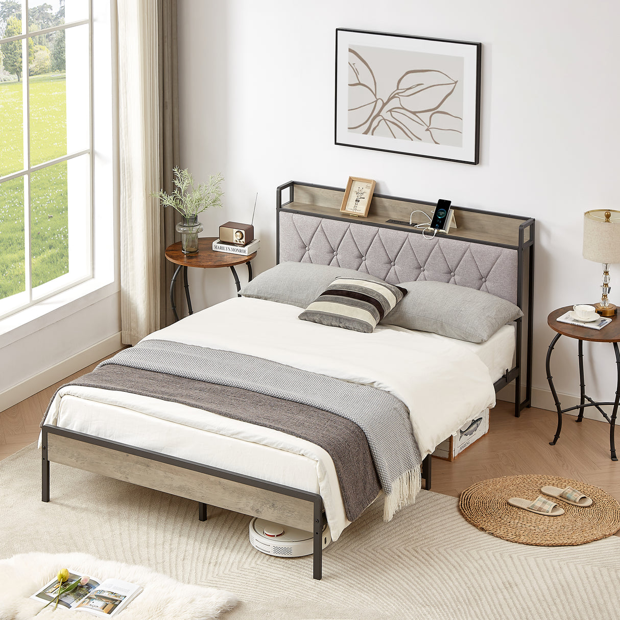 Bed frame with charging station full size, Grey, 83.1'' L x 56.1'' W x 39.2'' H. - V.I.P Digital Presence